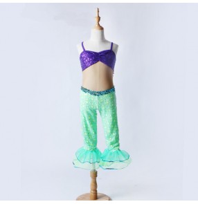 Green violet purple sequins paillette patchwork girls kids children leotards modern dance jazz cos play mermaid performance bodysuits outfits